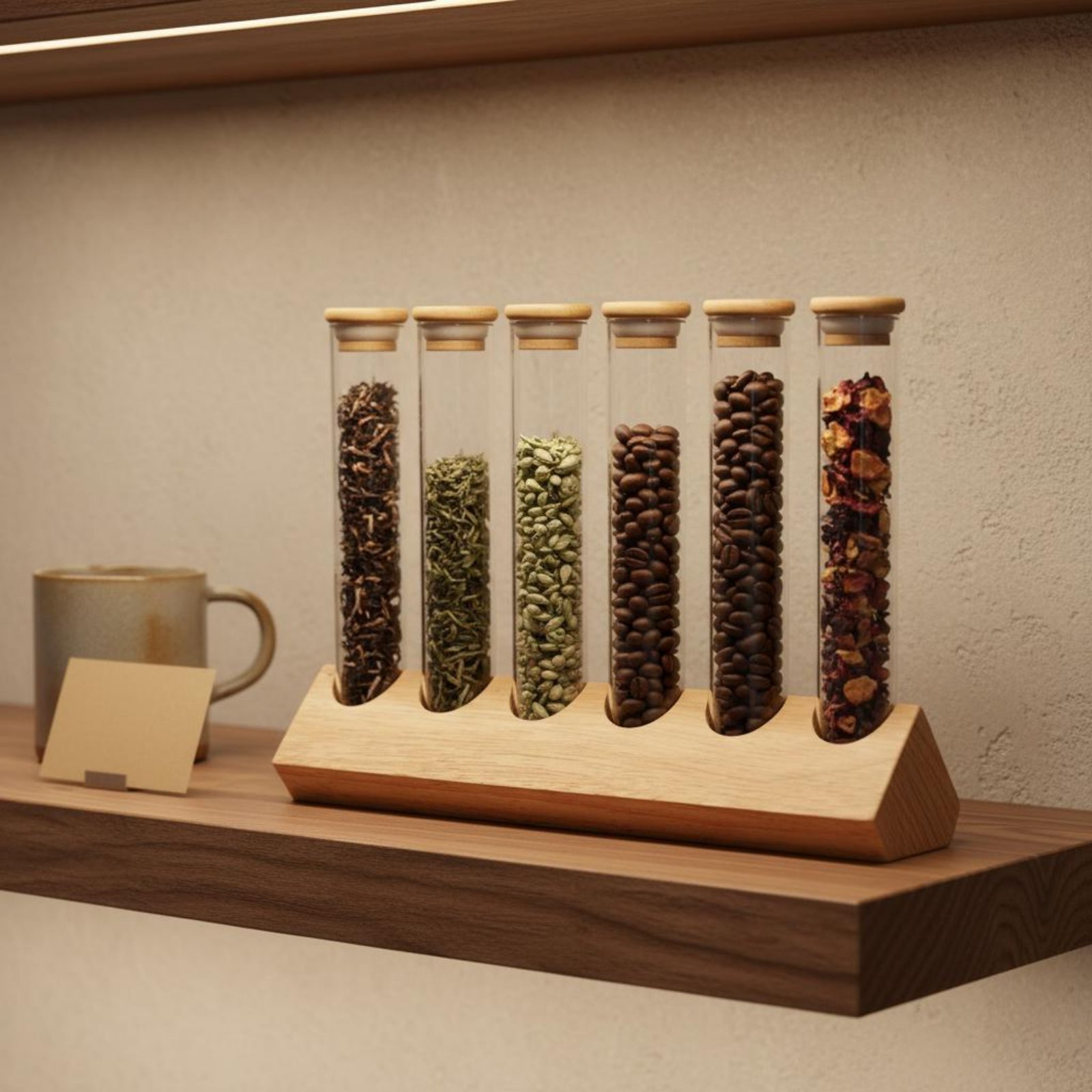 Glasröhrchen-Behälter-Set mit  – Display Stand Wood Bewertung und Preis