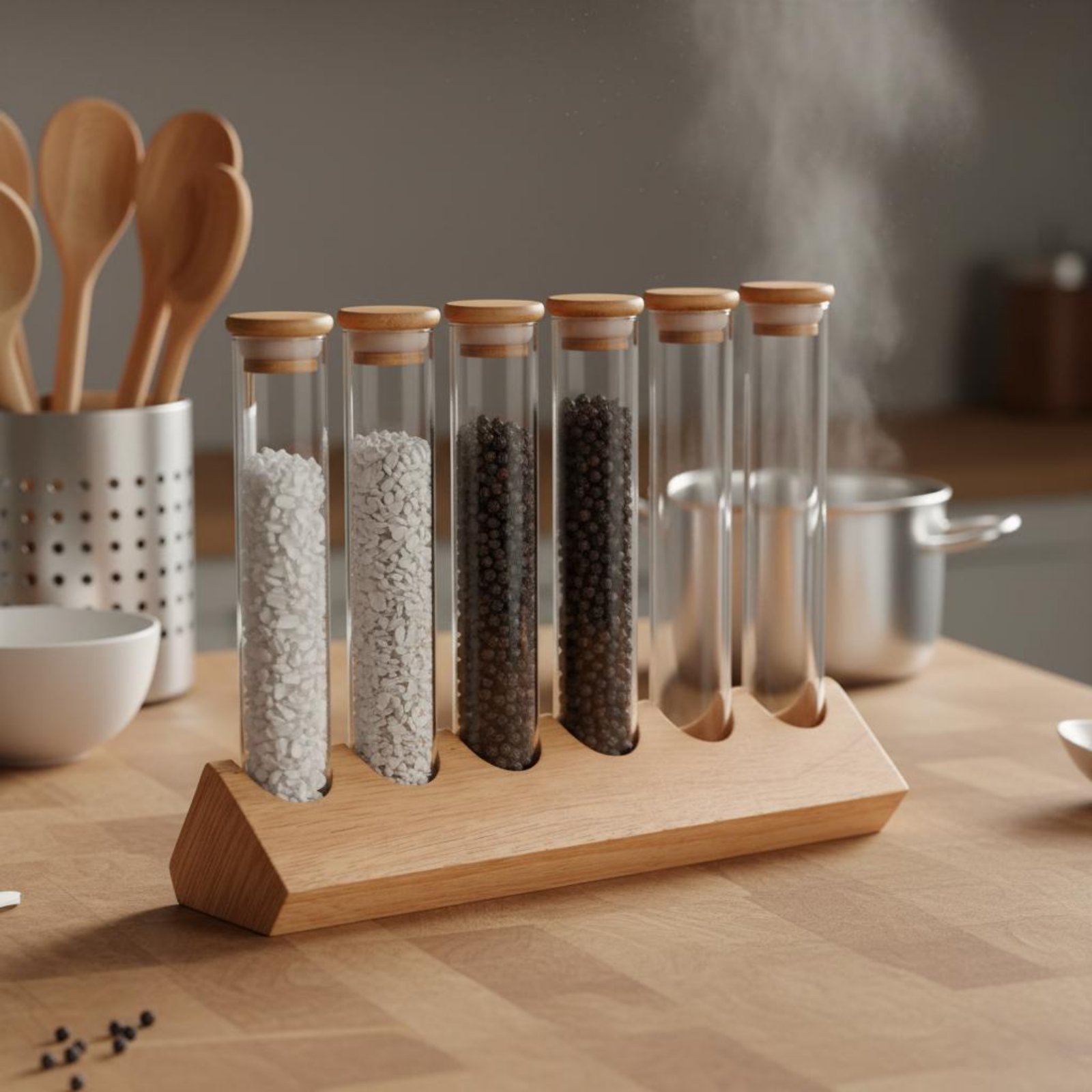 Glasröhrchen-Behälter-Set mit  – Display Stand Wood Bewertung und Preis