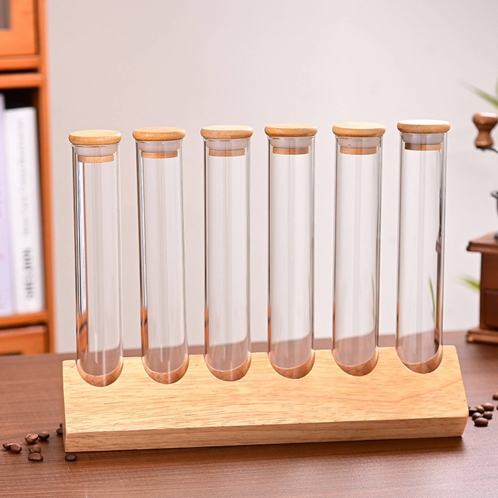 Glasröhrchen-Behälter-Set mit  – Display Stand Wood Bewertung und Preis